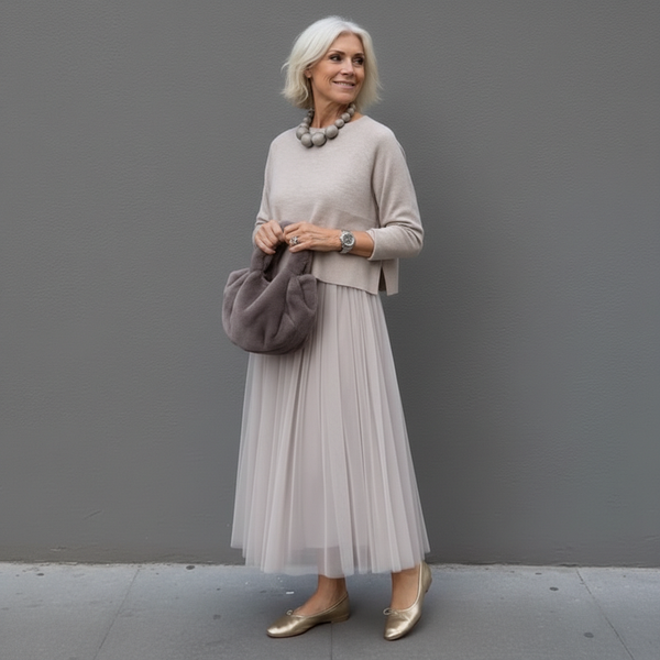 Midi Kleid Damen mit Tüllrock und Rundhalsausschnitt - 1 - Trendlinie