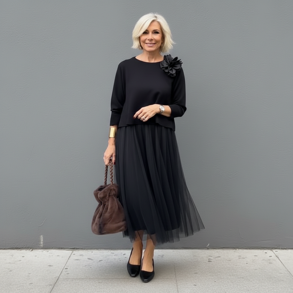 Midi Kleid Damen mit Tüllrock und Rundhalsausschnitt - 3 - Trendlinie