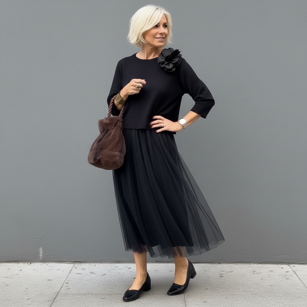 Midi Kleid Damen mit Tüllrock und Rundhalsausschnitt - 4 - Trendlinie
