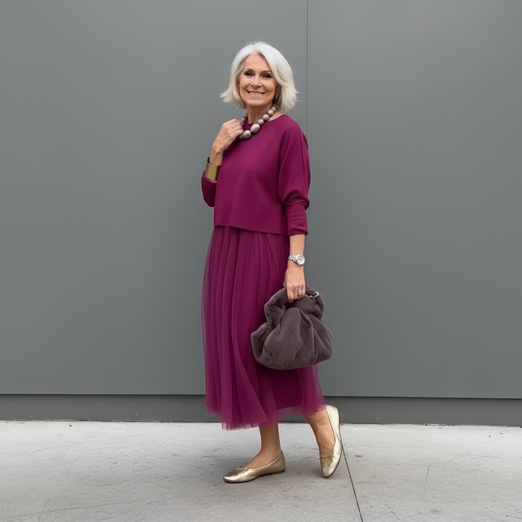 Midi Kleid Damen mit Tüllrock und Rundhalsausschnitt - 7 - Trendlinie