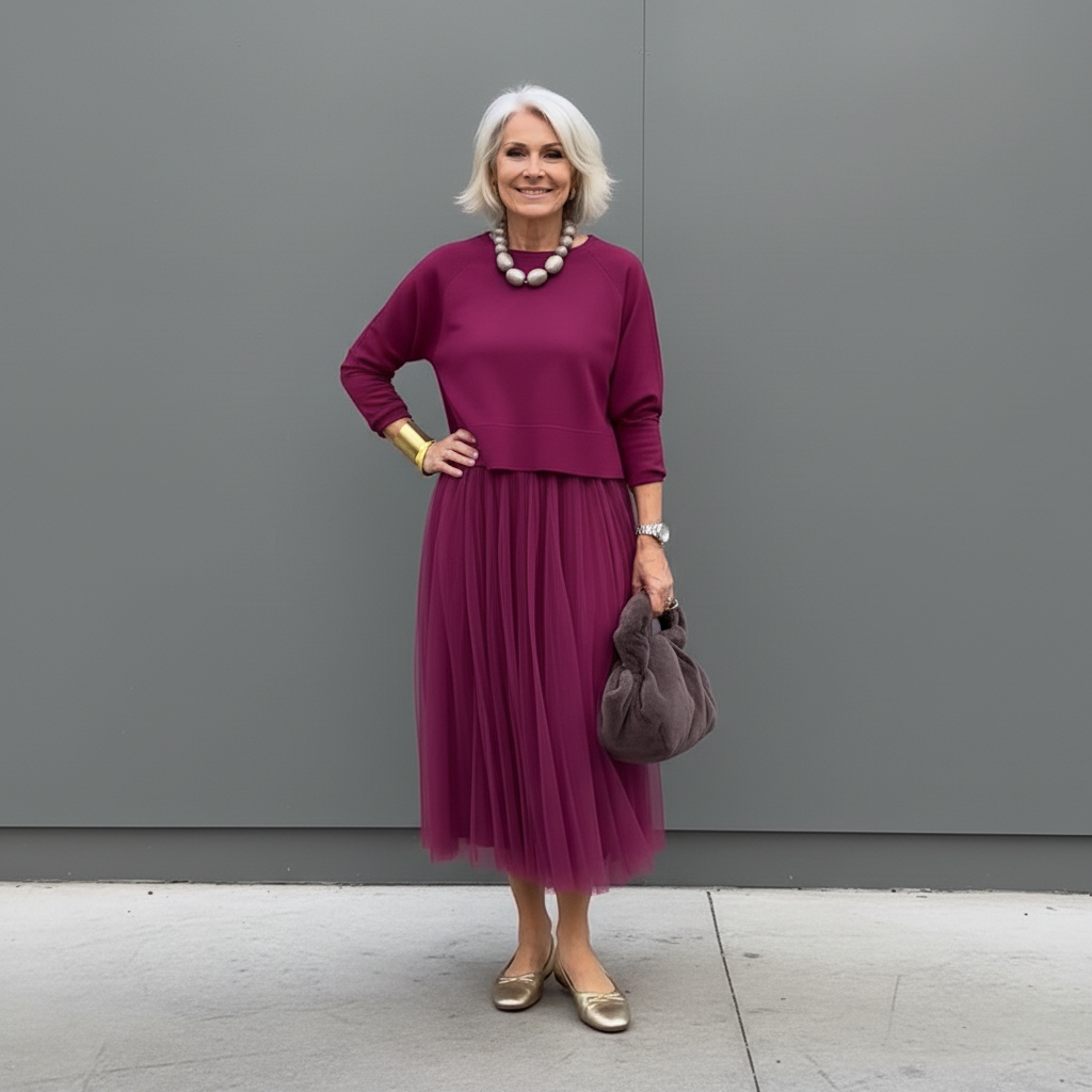 Midi Kleid Damen mit Tüllrock und Rundhalsausschnitt - 8 - Trendlinie