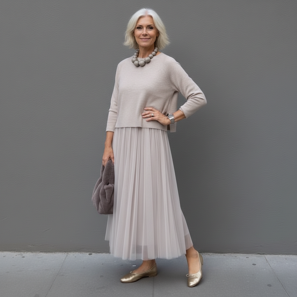 Midi Kleid Damen mit Tüllrock und Rundhalsausschnitt - 10 - Trendlinie