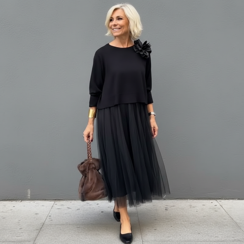 Midi Kleid Damen mit Tüllrock und Rundhalsausschnitt - 11 - Trendlinie