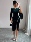 Abendkleid Damen tailliert mit Fransenärmeln und Schlitz - 1 - Trendlinie