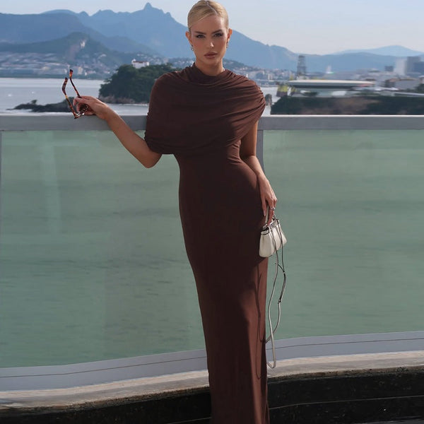 Maxikleid Damen tailliert mit asymmetrischem Ausschnitt und Raffungen - 1 - Trendlinie