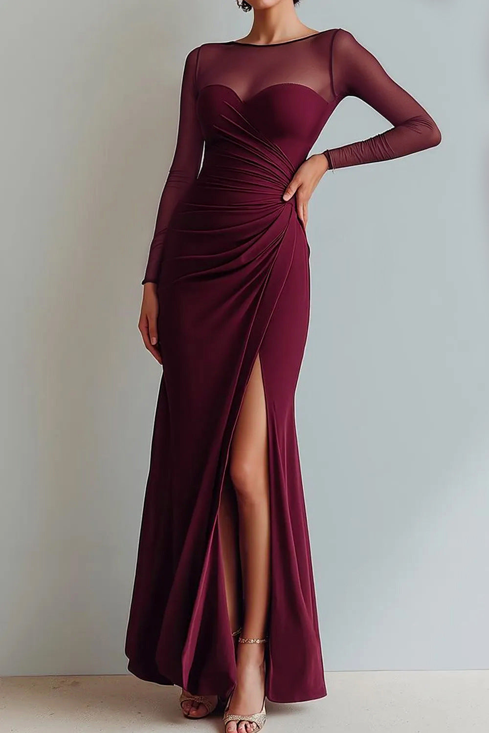 Abendkleid Damen mit Wickeldesign und V-Ausschnitt, lange Ärmel - 3 - Trendlinie