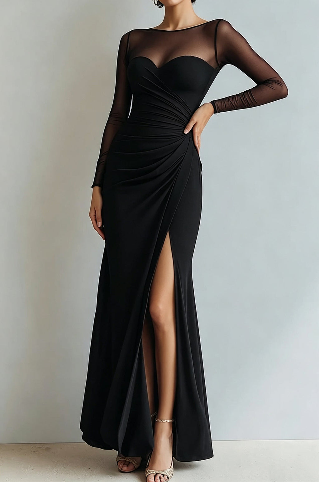 Abendkleid Damen mit Wickeldesign und V-Ausschnitt, lange Ärmel - 9 - Trendlinie
