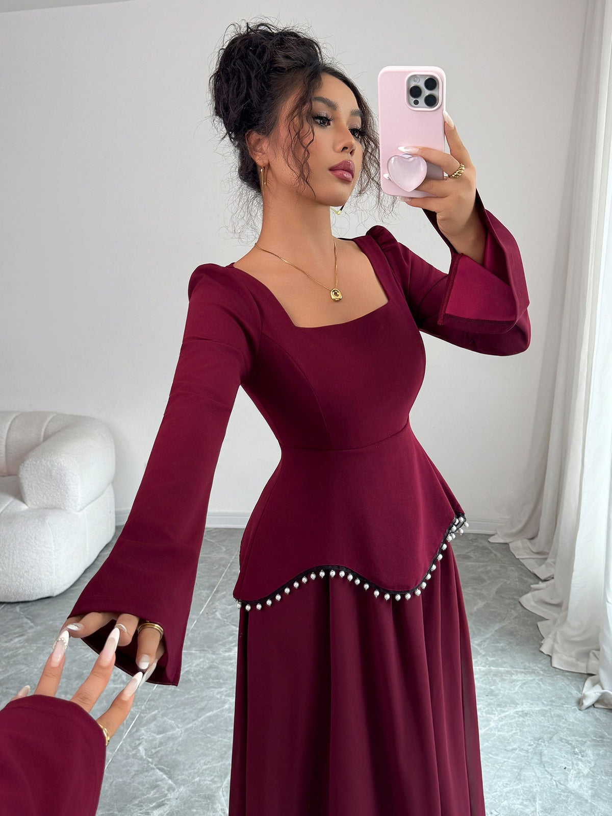 Maxikleid Damen mit quadratischem Ausschnitt und Glockenärmeln - 4 - Trendlinie