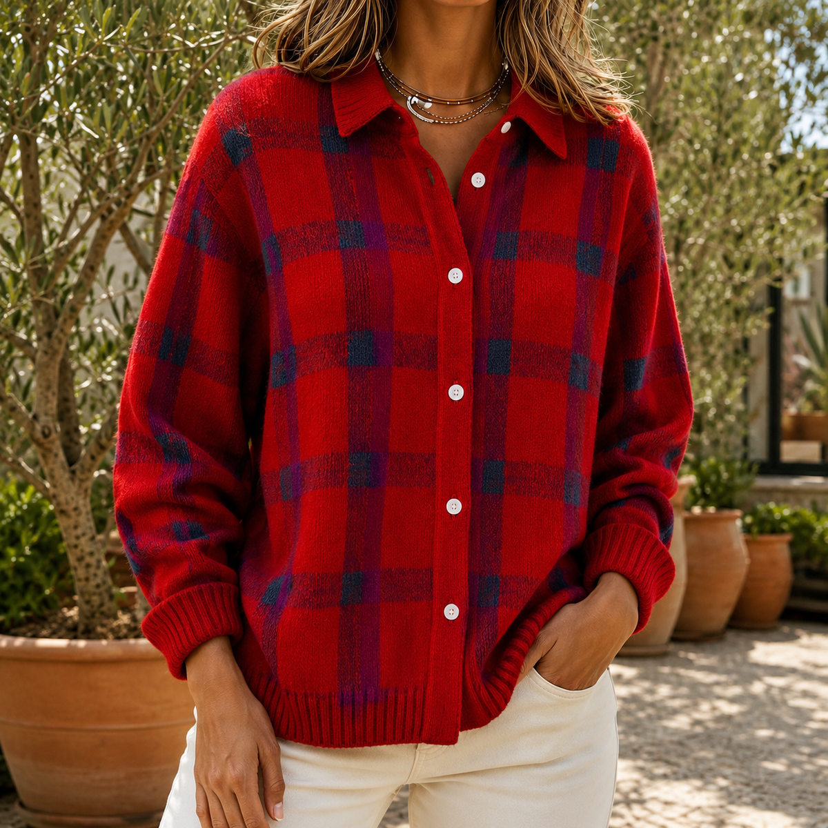 Pullover Damen mit Karomuster und Knopfleiste - 4 - Trendlinie