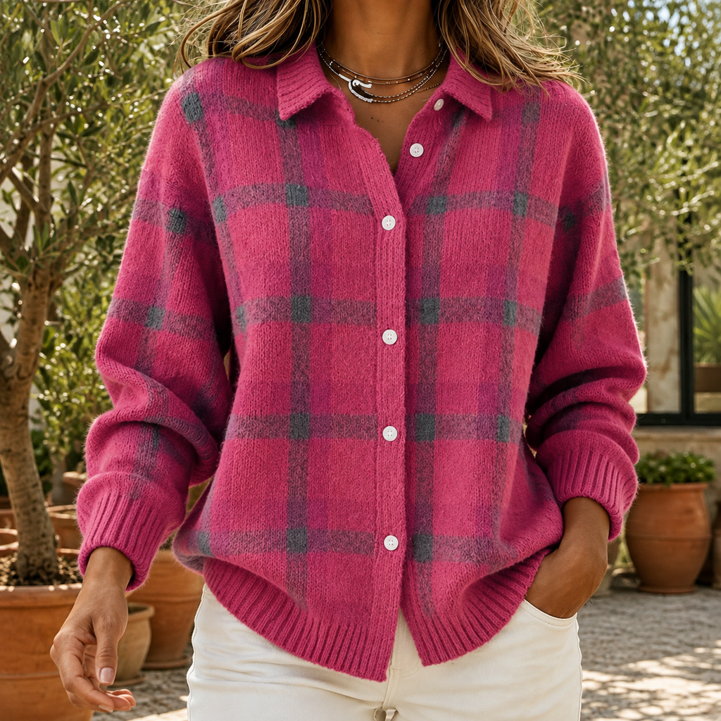 Pullover Damen mit Karomuster und Knopfleiste - 7 - Trendlinie