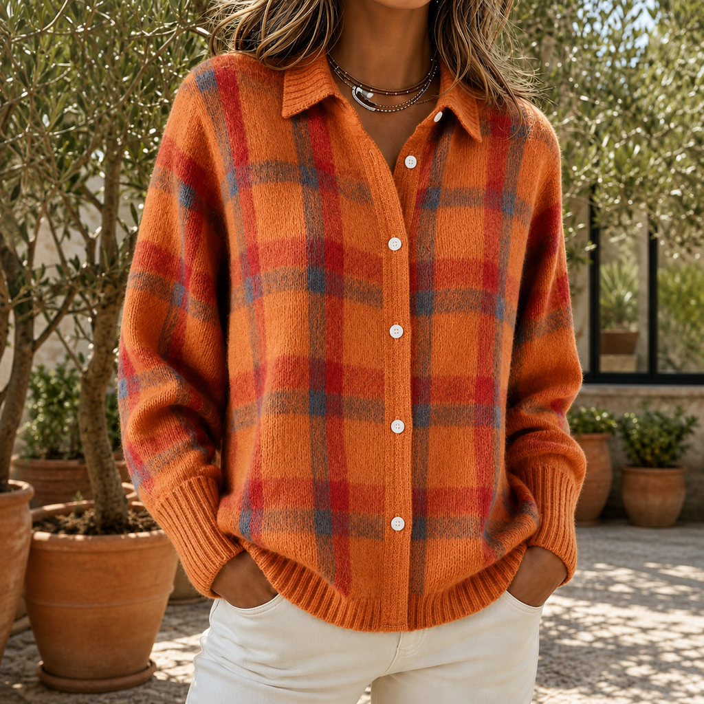Pullover Damen mit Karomuster und Knopfleiste - 8 - Trendlinie