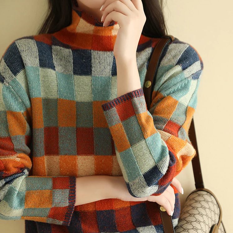 Pullover Damen mit hochgeschlossenem Kragen und Karomuster - 2 - Trendlinie