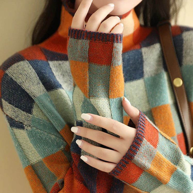 Pullover Damen mit hochgeschlossenem Kragen und Karomuster - 6 - Trendlinie