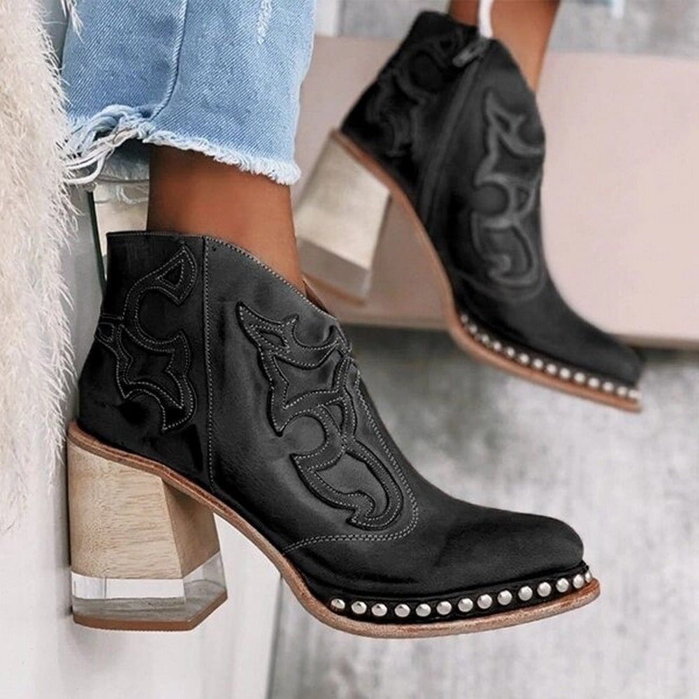 Elegante Damen Stiefeletten im Western-Stil mit Komfort-Blockabsatz und stilvoller Stickerei - 2 - Trendlinie