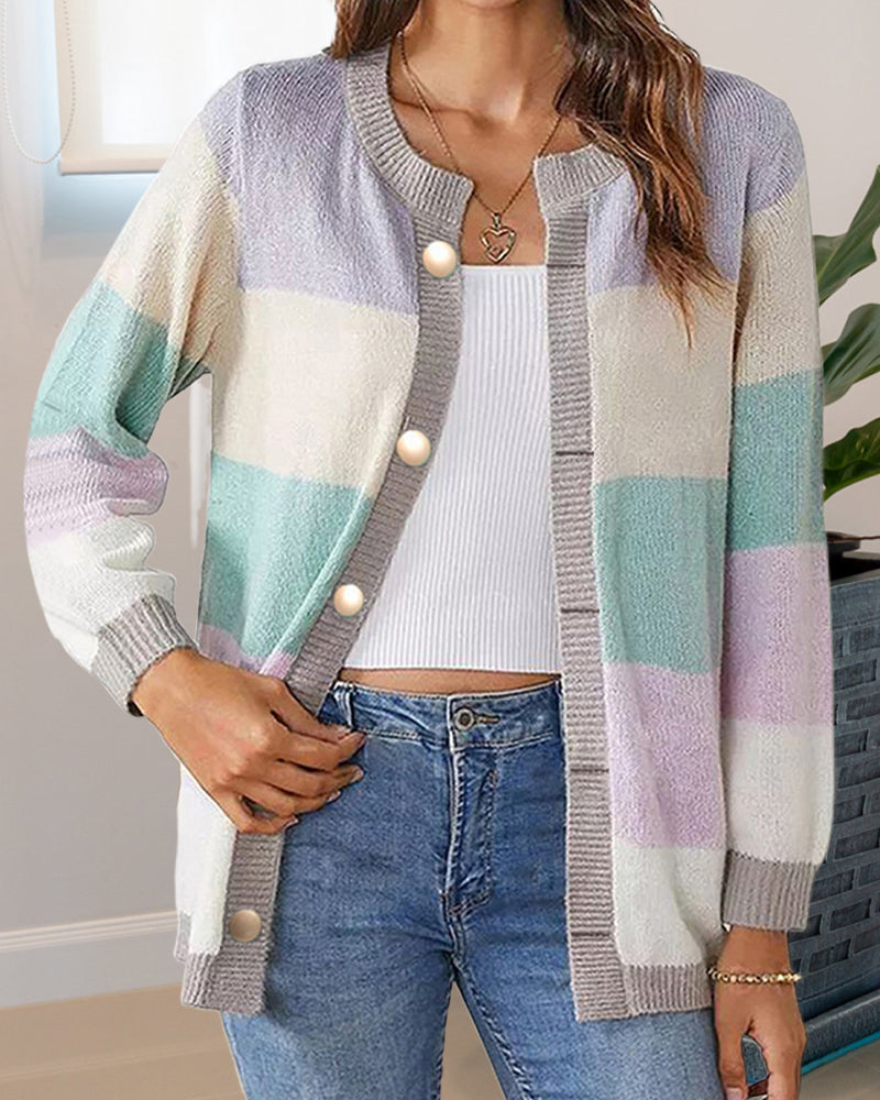 Damen Cardigan im Farbblock-Stil mit Knopfverschluss und langen Ärmeln - 2 - Trendlinie