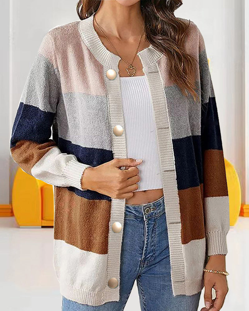 Damen Cardigan im Farbblock-Stil mit Knopfverschluss und langen Ärmeln - 3 - Trendlinie