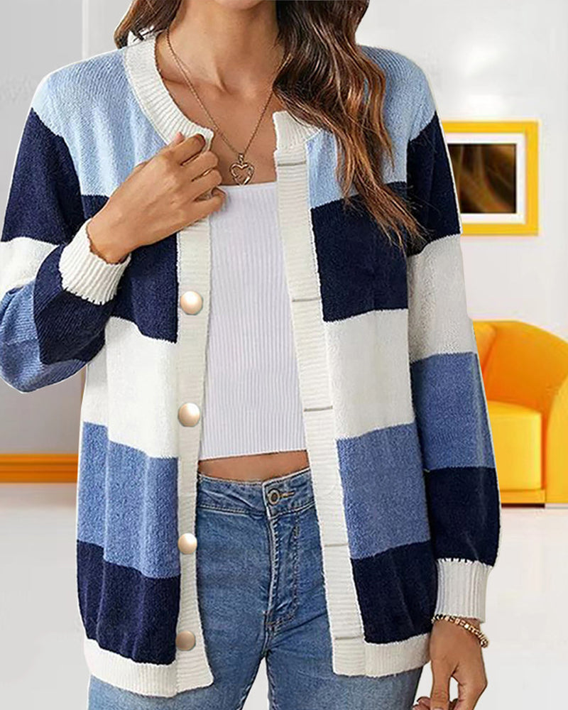 Damen Cardigan im Farbblock-Stil mit Knopfverschluss und langen Ärmeln - 4 - Trendlinie