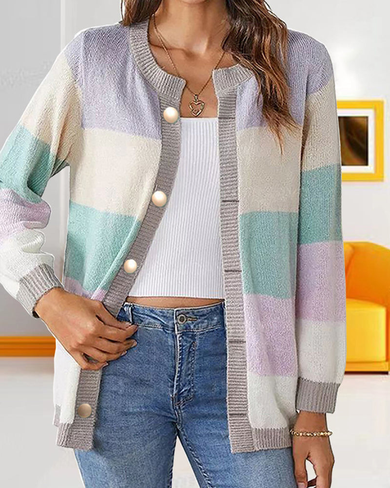 Damen Cardigan im Farbblock-Stil mit Knopfverschluss und langen Ärmeln - 5 - Trendlinie