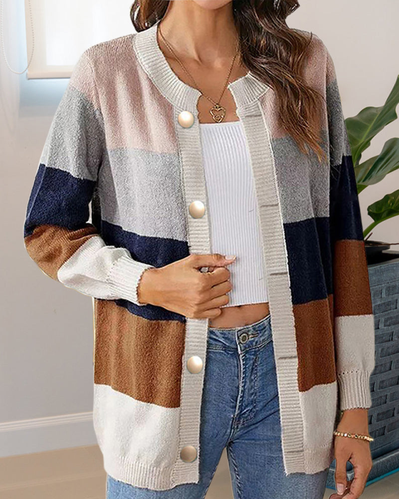 Damen Cardigan im Farbblock-Stil mit Knopfverschluss und langen Ärmeln - 7 - Trendlinie