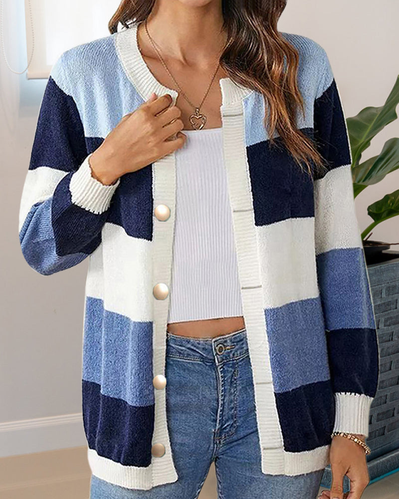 Damen Cardigan im Farbblock-Stil mit Knopfverschluss und langen Ärmeln - 8 - Trendlinie