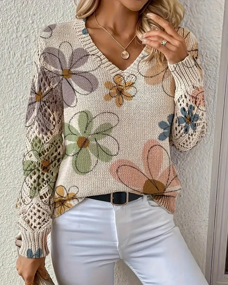 Damenpullover mit floralem Design und V-Ausschnitt in offener Maschenoptik - 2 - Trendlinie