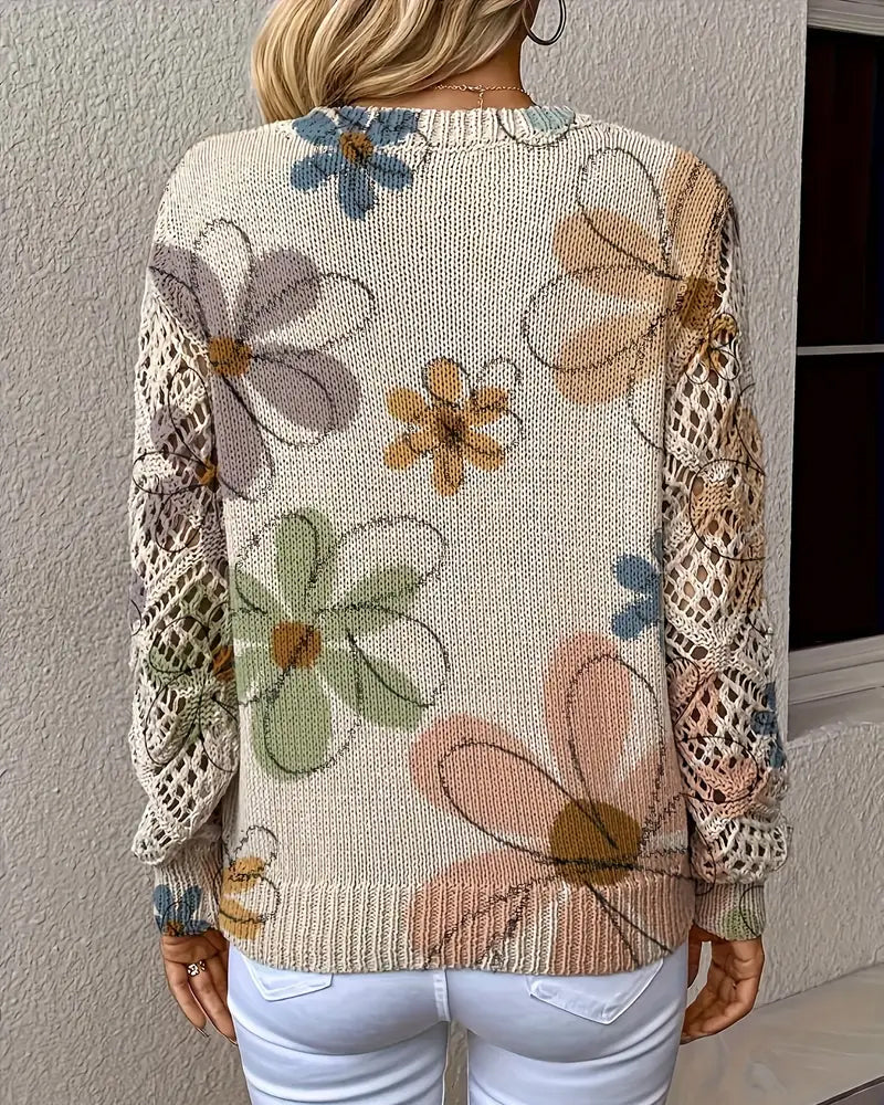 Damenpullover mit floralem Design und V-Ausschnitt in offener Maschenoptik - 4 - Trendlinie