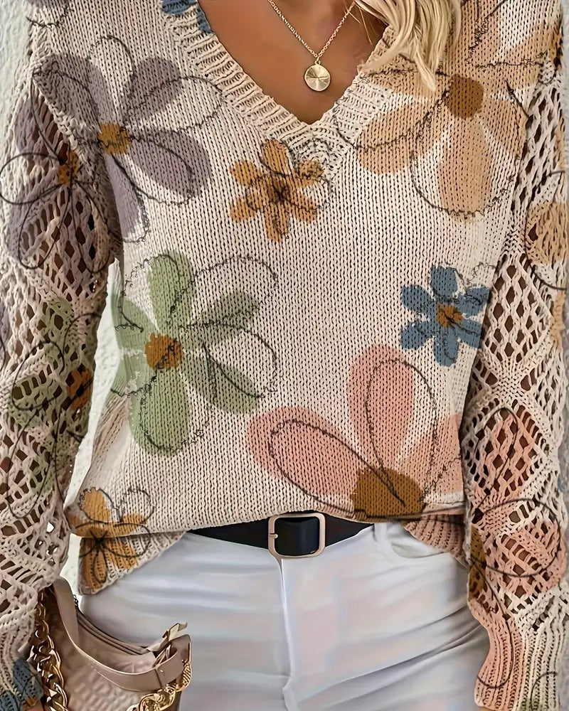 Damenpullover mit floralem Design und V-Ausschnitt in offener Maschenoptik - 5 - Trendlinie