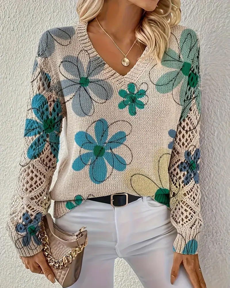 Damenpullover mit floralem Design und V-Ausschnitt in offener Maschenoptik - 6 - Trendlinie