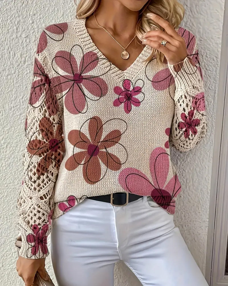 Damenpullover mit floralem Design und V-Ausschnitt in offener Maschenoptik - 7 - Trendlinie