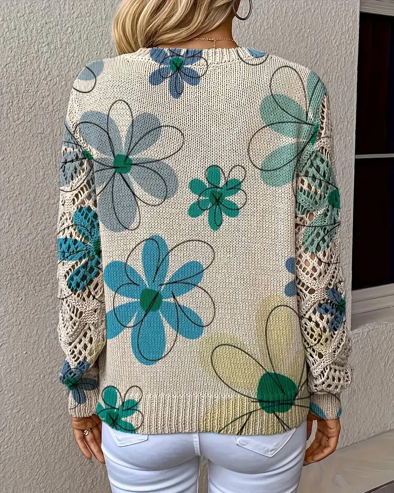 Damenpullover mit floralem Design und V-Ausschnitt in offener Maschenoptik - 8 - Trendlinie