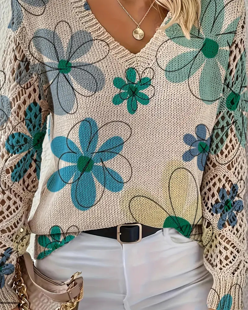 Damenpullover mit floralem Design und V-Ausschnitt in offener Maschenoptik - 9 - Trendlinie