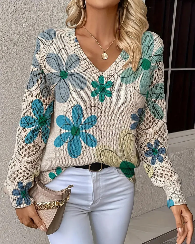 Damenpullover mit floralem Design und V-Ausschnitt in offener Maschenoptik - 10 - Trendlinie