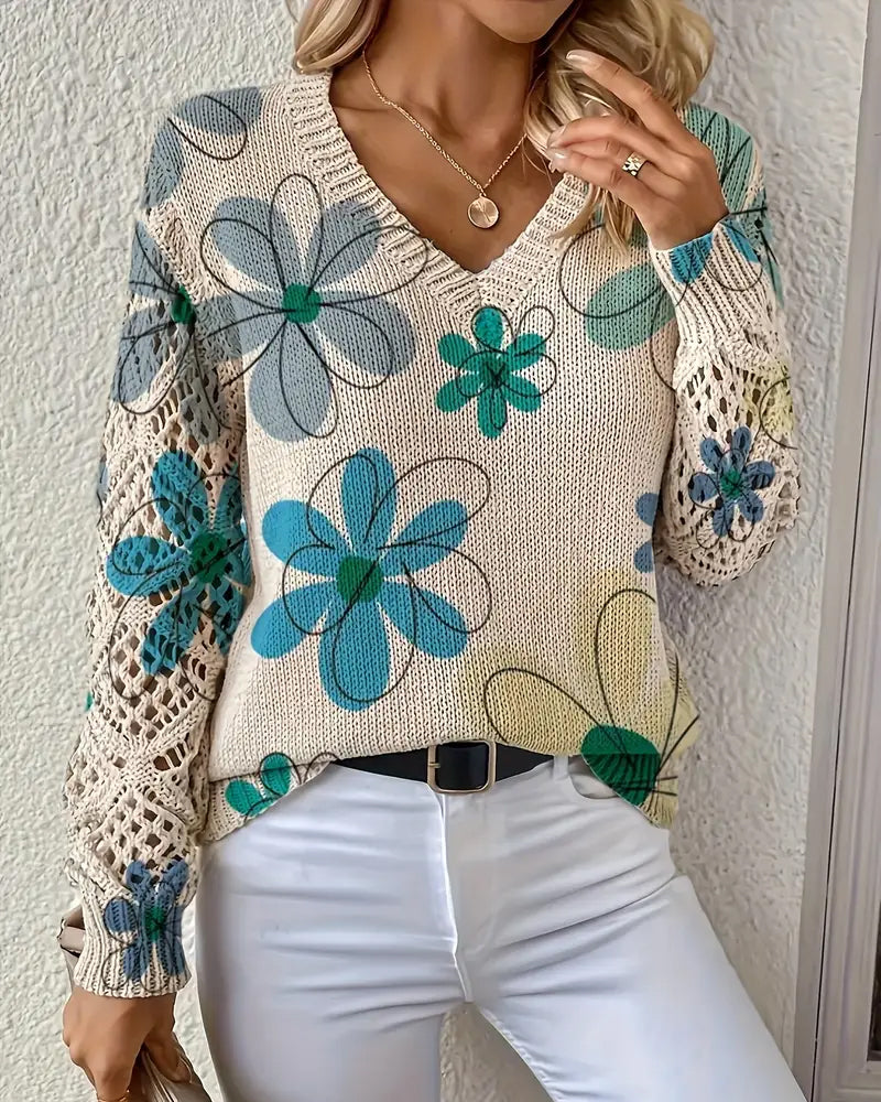 Damenpullover mit floralem Design und V-Ausschnitt in offener Maschenoptik - 11 - Trendlinie