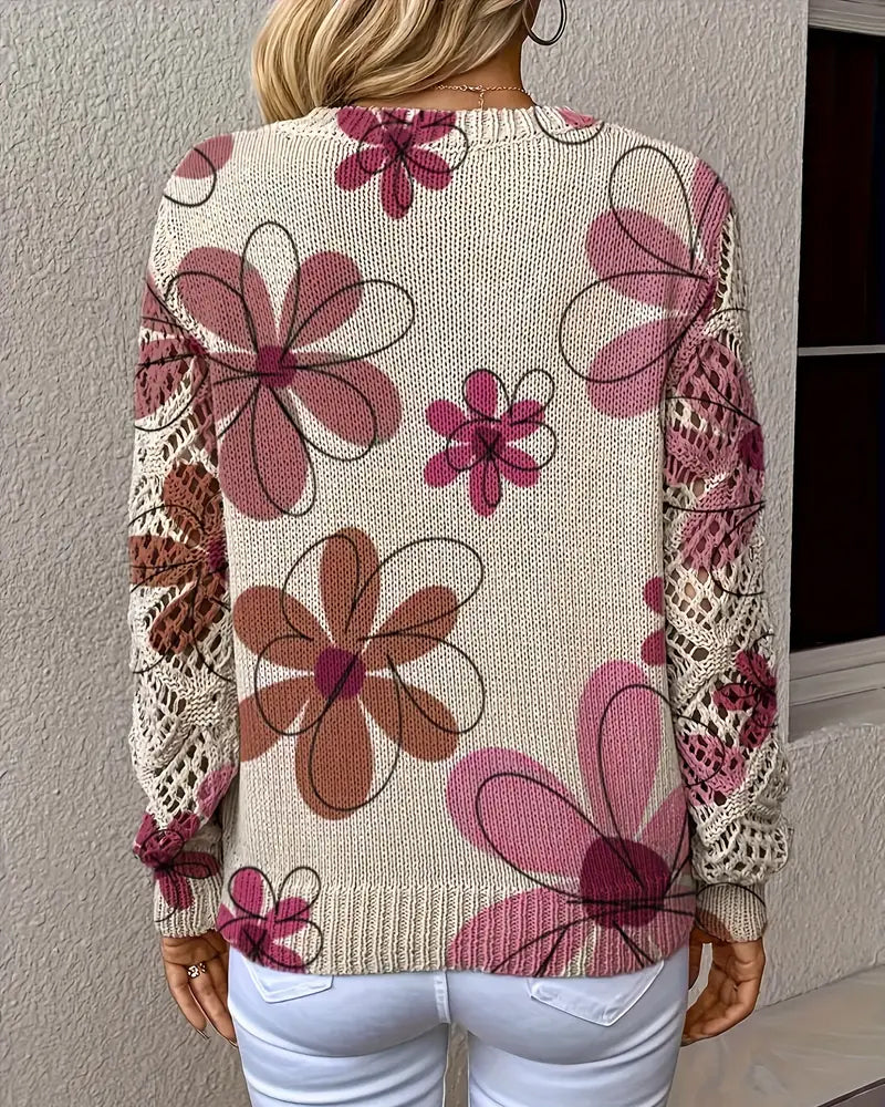 Damenpullover mit floralem Design und V-Ausschnitt in offener Maschenoptik - 13 - Trendlinie