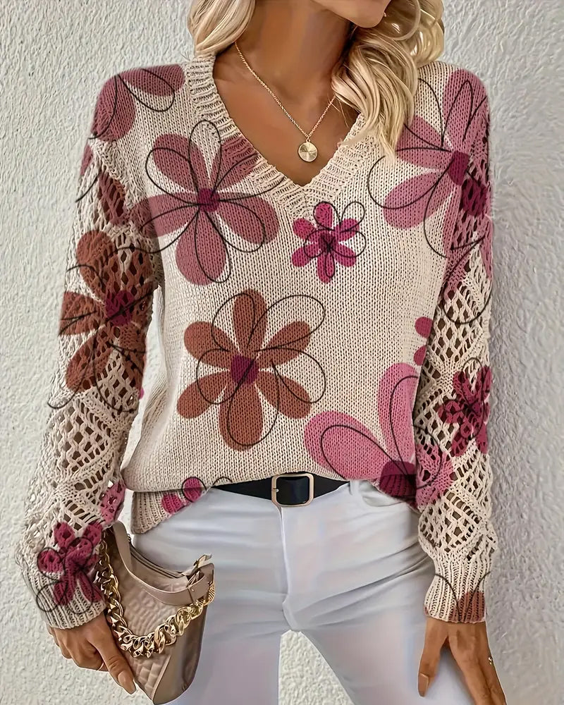 Damenpullover mit floralem Design und V-Ausschnitt in offener Maschenoptik - 14 - Trendlinie