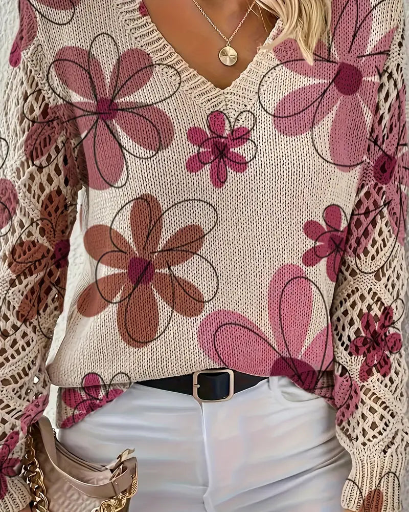 Damenpullover mit floralem Design und V-Ausschnitt in offener Maschenoptik - 15 - Trendlinie