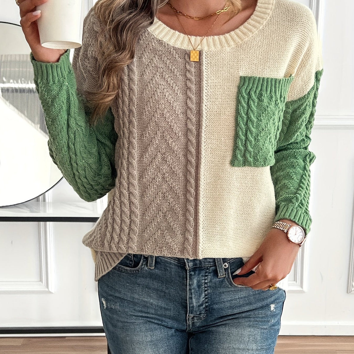 Damenpullover in zwei Farben mit strukturiertem Zopfdesign - 1 - Trendlinie