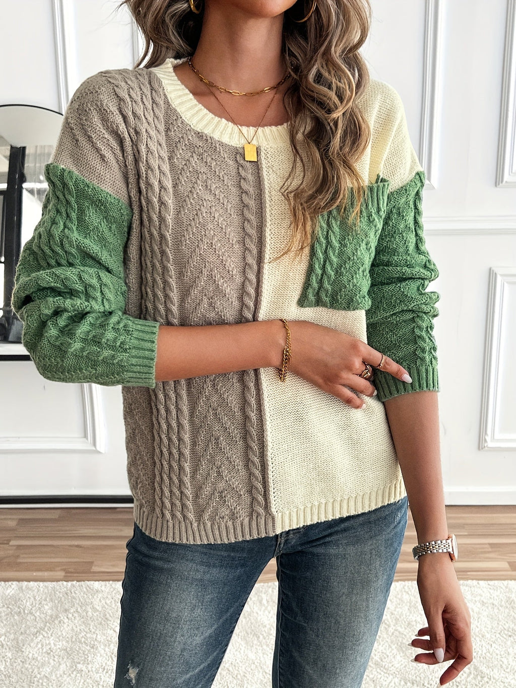 Damenpullover in zwei Farben mit strukturiertem Zopfdesign - 4 - Trendlinie