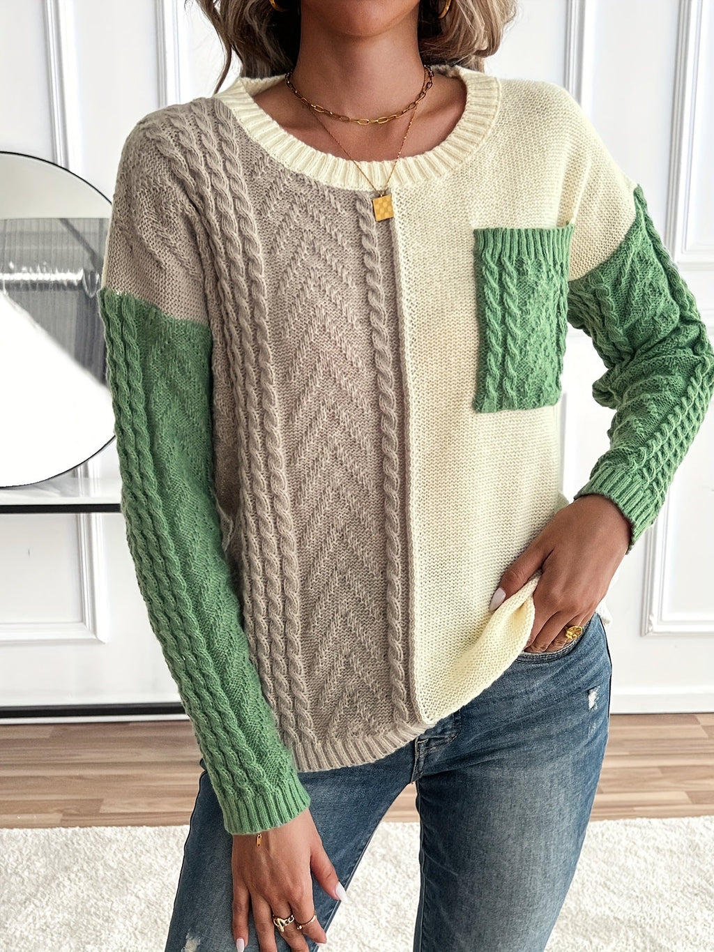 Damenpullover in zwei Farben mit strukturiertem Zopfdesign - 5 - Trendlinie