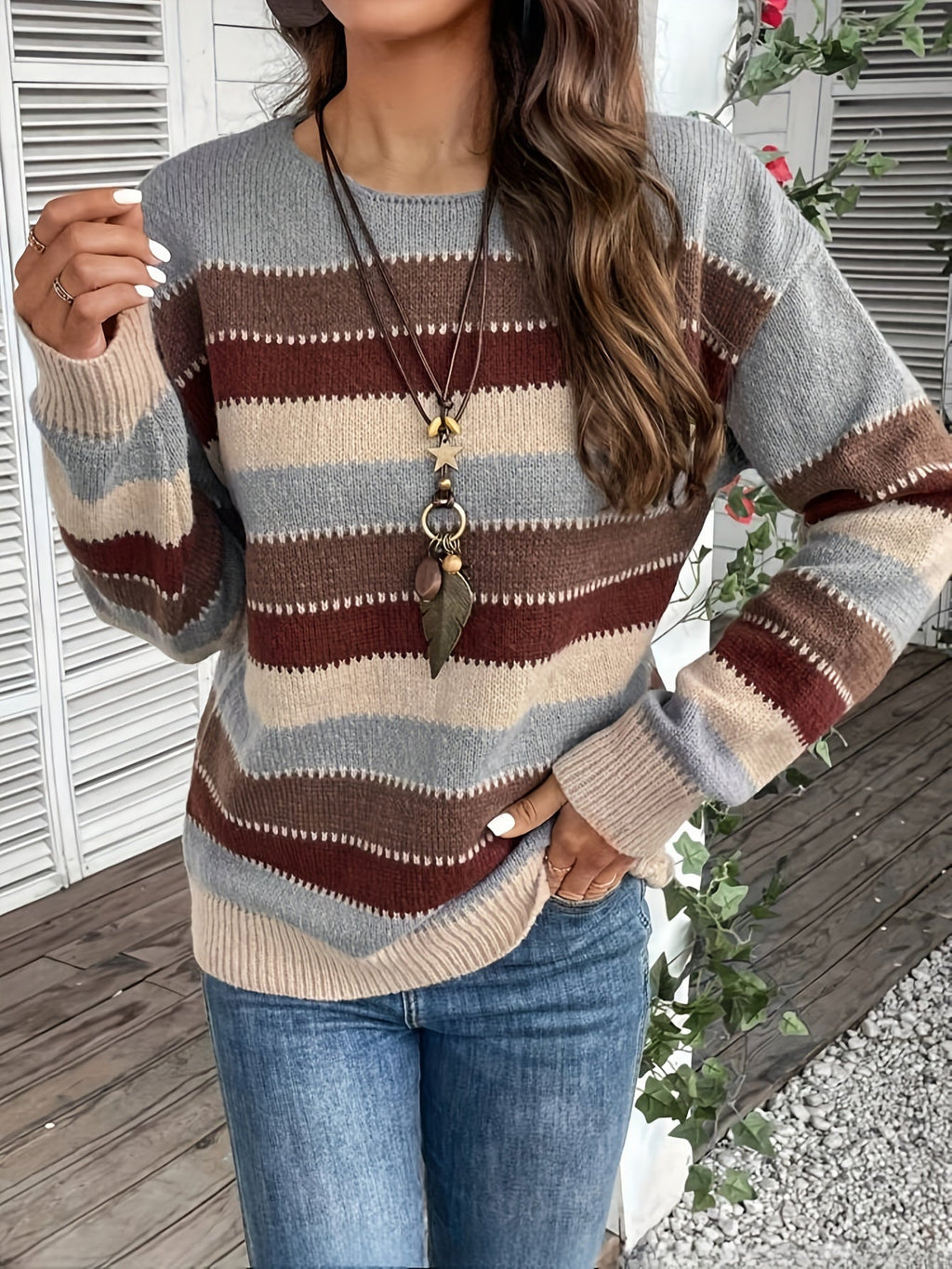 Damenpullover mit modischem Streifen-Design und Rundhalsausschnitt - 4 - Trendlinie