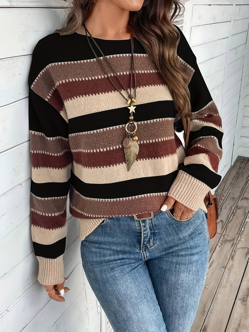 Damenpullover mit modischem Streifen-Design und Rundhalsausschnitt - 6 - Trendlinie