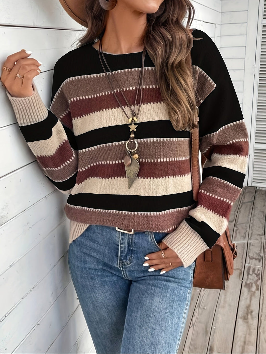 Damenpullover mit modischem Streifen-Design und Rundhalsausschnitt - 8 - Trendlinie