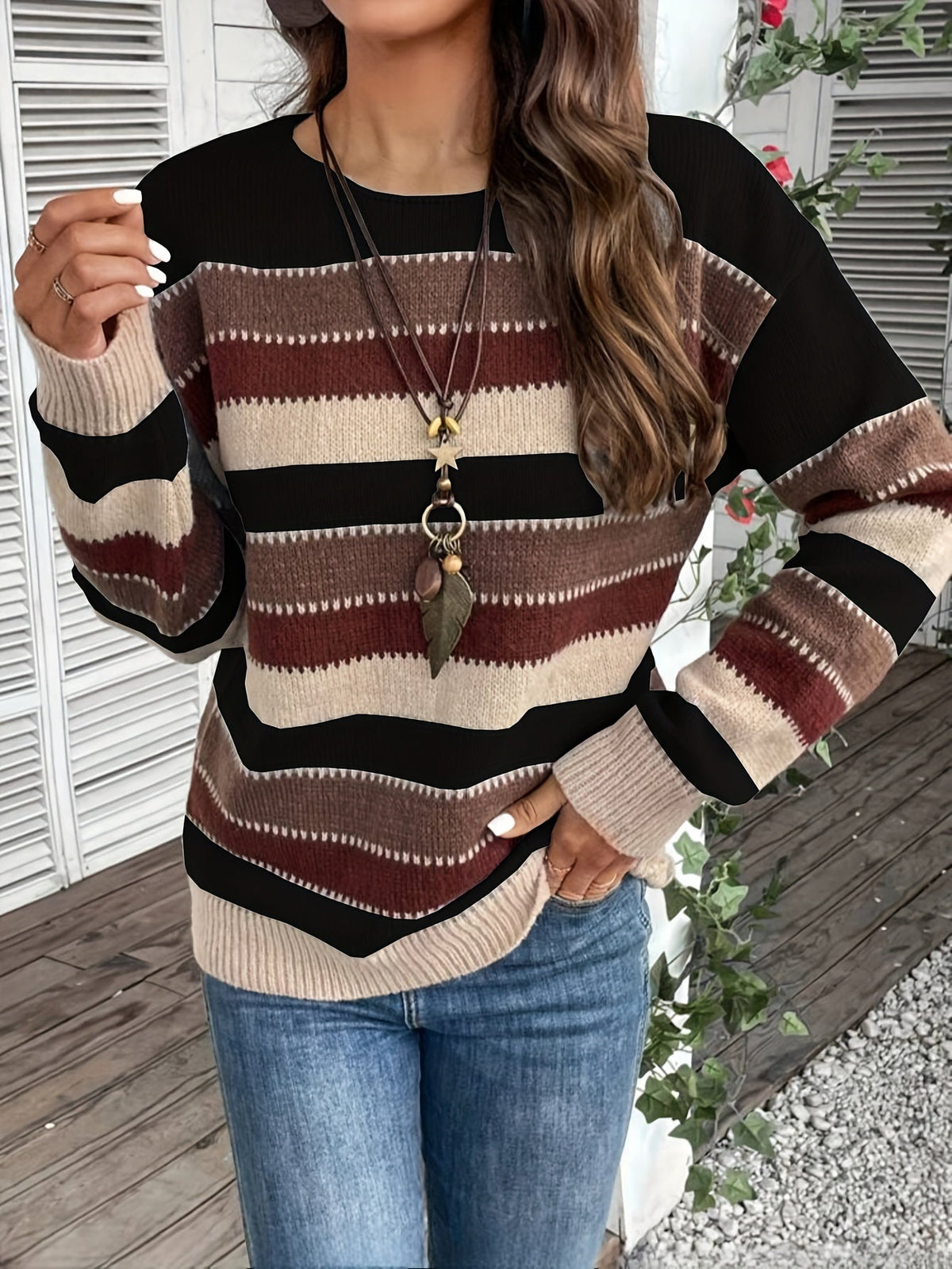 Damenpullover mit modischem Streifen-Design und Rundhalsausschnitt - 10 - Trendlinie