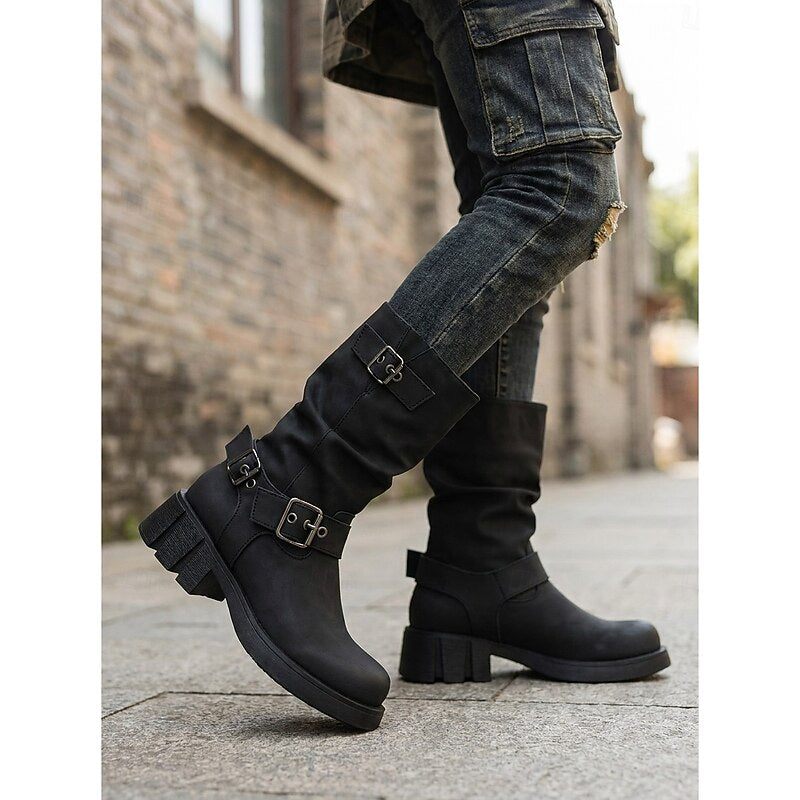 Damen Biker Boots mit Blockabsatz und Vintage-Schnalle - 1 - Trendlinie