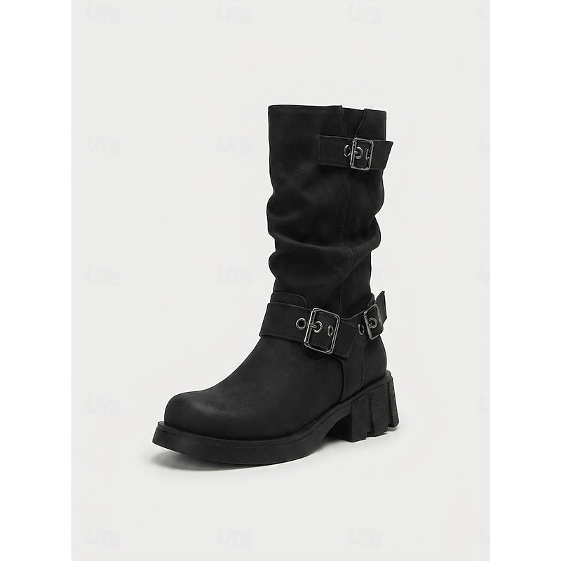 Damen Biker Boots mit Blockabsatz und Vintage-Schnalle - 2 - Trendlinie