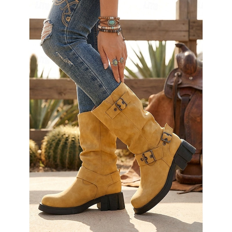 Damen Biker Boots mit Blockabsatz und Vintage-Schnalle - 4 - Trendlinie