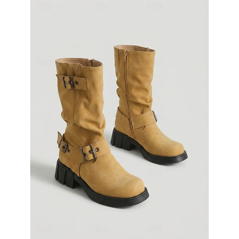Damen Biker Boots mit Blockabsatz und Vintage-Schnalle - 5 - Trendlinie