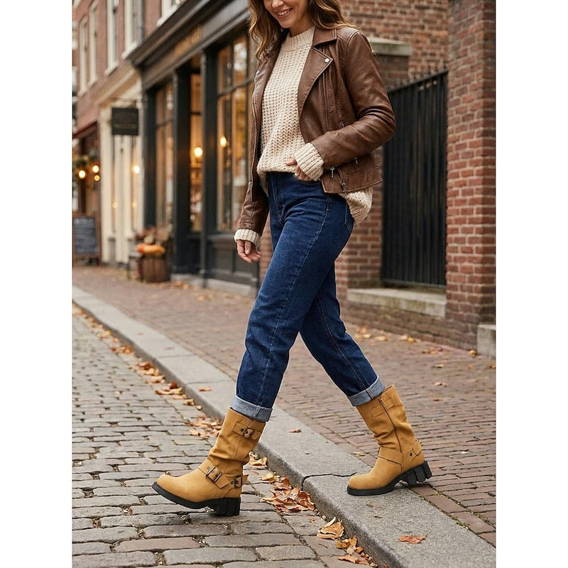 Damen Biker Boots mit Blockabsatz und Vintage-Schnalle - 7 - Trendlinie