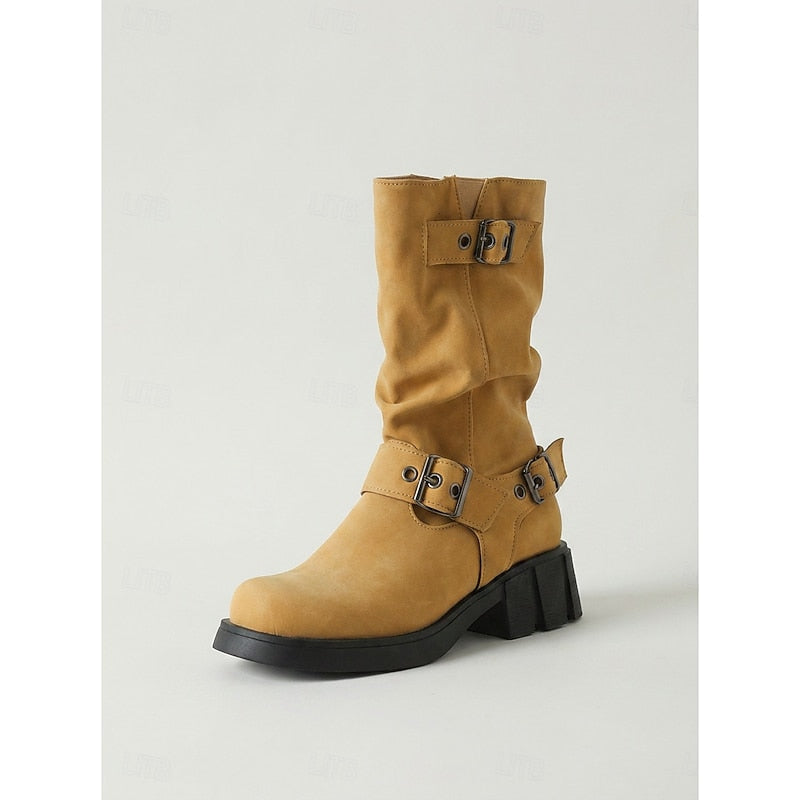 Damen Biker Boots mit Blockabsatz und Vintage-Schnalle - 9 - Trendlinie