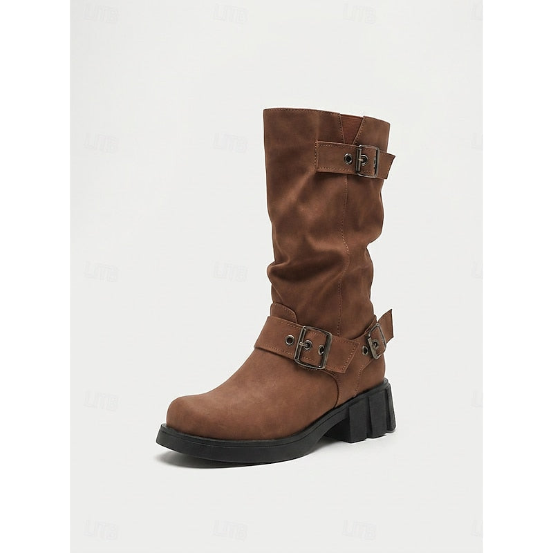 Damen Biker Boots mit Blockabsatz und Vintage-Schnalle - 10 - Trendlinie